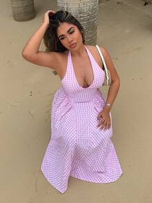 Maria Perezxox Damen Lässig Kleid mit Rückenschnürung und Karomuster, Polka Dot Kleid Rosa Elegant Party - Pink - Übersicht 3