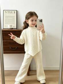 SHEIN Conjunto de camiseta casual para niñas jóvenes en primavera/otoño/invierno, diseño enfocado con suéter asimétrico de cuello alto tejido acanalado de tela cepillada color beige sólido de manga larga, combinado con pantalones largos acampanados casuales color beige, conjunto de 2 piezas adecuado para la temporada de regreso a la escuela en primavera/otoño/invierno, estilo elegante de dama de alta gama para uso diario en la escuela, salidas, viajes y fiestas - Albaricoque - Ver 8