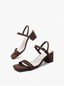 1 Pair New Brown Suede Square Toe Party Chunky Heel Sandals, Summer Buckle Open Toe Versatile Sexy Slim Strap Retro Mid-Heel Commuting Women Shoes - Brown - View 10