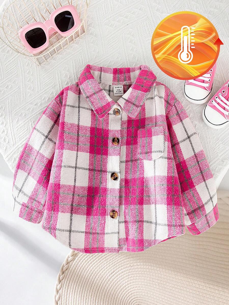 SHEIN Playful Pals 女嬰粉色與白色條紋格紋羊毛長袖翻領鈕扣襯衫外套，秋季休閒可愛復古風，適合畢業派對與開學季
