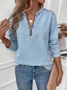 EMERY ROSE Light Blue Printed Zip-Up Crew Neck Plus Size Women's Sweatshirt Fall - Multicolor - View 6