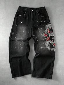 ROMWE MEN Street Life Men's Anime Embroidery Shorts, Suitable For Daily Wear In Spring And Summer - Black - View 10
