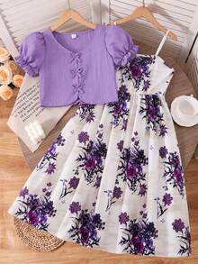 SHEIN 2 piezas/Set Conjunto de camisa y vestido elegante estilo vacaciones para niñas, camisa de manga abullonada texturizada de unicolor y vestido camisola, diseño de encaje en contraste y floral, adecuado para viajes de primavera/verano, playa y uso al aire libre - Morado - Ver 3
