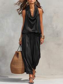 Breezaya Casual Vacation Fashion Minimalist Women's Set Draped Neck Draped Neck Fitted Comfortable Soft Black Top With Elastic Waist Harem Black Long Pants Set Summer, Autumn And Winter For Women Women's Elegant Set Women's Casual Set Women's Vacation Outfit Set Women's Country Style Set Women's Outing Set Black Set - Black - View 2