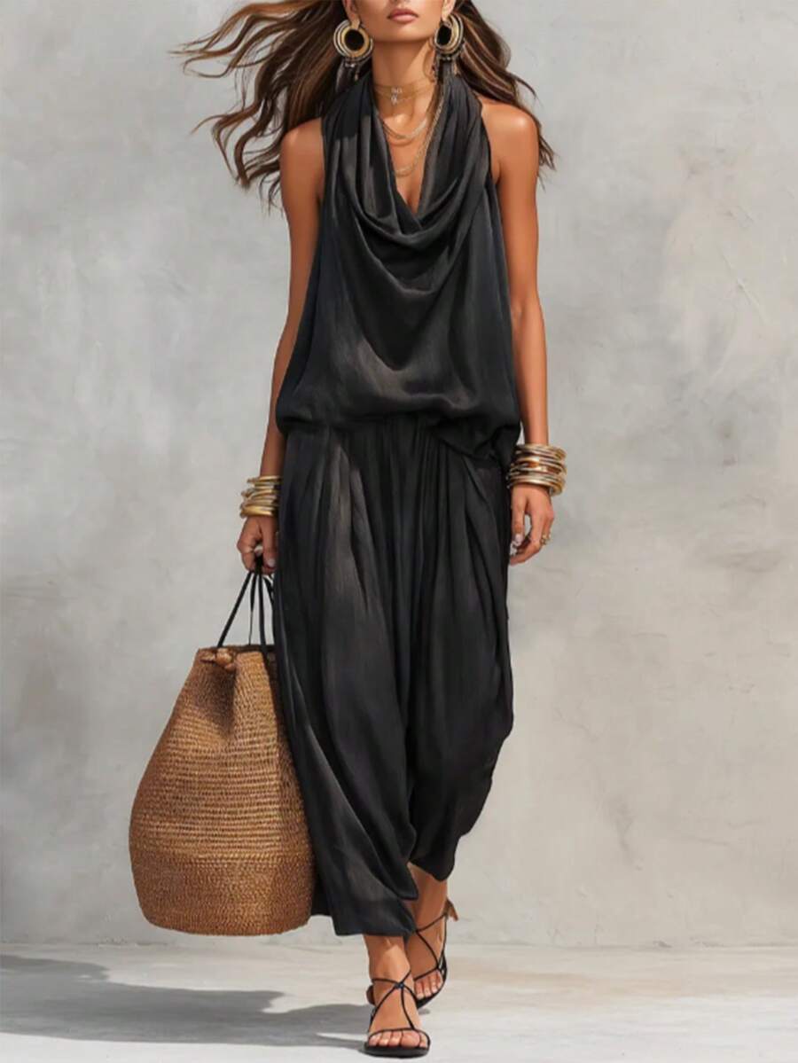Breezaya Casual Vacation Fashion Minimalist Women's Set Draped Neck Draped Neck Fitted Comfortable Soft Black Top With Elastic Waist Harem Black Long Pants Set Summer, Autumn And Winter For Women Women's Elegant Set Women's Casual Set Women's Vacation Outfit Set Women's Country Style Set Women's Outing Set Black Set