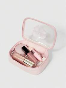 ROMWE Kawaii 櫻桃印花可愛透明拼接化妝包，方形便攜洗漱收納袋 - 大蝴蝶結 - 查看 2