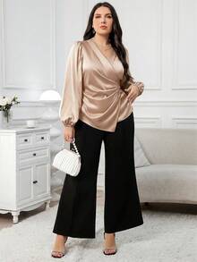 Modelyn Blusa cruzada de color liso elegante para ir al trabajo de talla grande - Caqui - Ver 6