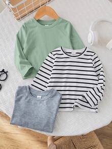 SHEIN Baby Boy Baby Girl Spring/Autumn Black & White Striped Solid Color Round Neck Long Sleeve Pullover Top 3 Pieces Set - Multicolor - View 8