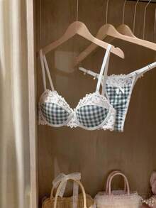 SHEIN MOD 2pcs/Set Fashionable Plaid & Lace Patchwork Lingerie Set For Girls - Multicolor - View 3