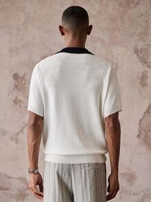 HIMLAND Men's Contrast Collar Short Sleeve Knit Top - Black and White - View 6