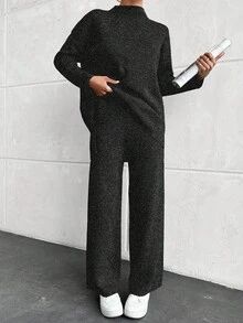 EURMUSE Maglione lavorato a maglia con collo alto e spalle scivolate, maniche lunghe, e pantaloni lunghi, completo casual da donna in due pezzi per autunno/inverno - nero - Visualizzare 5