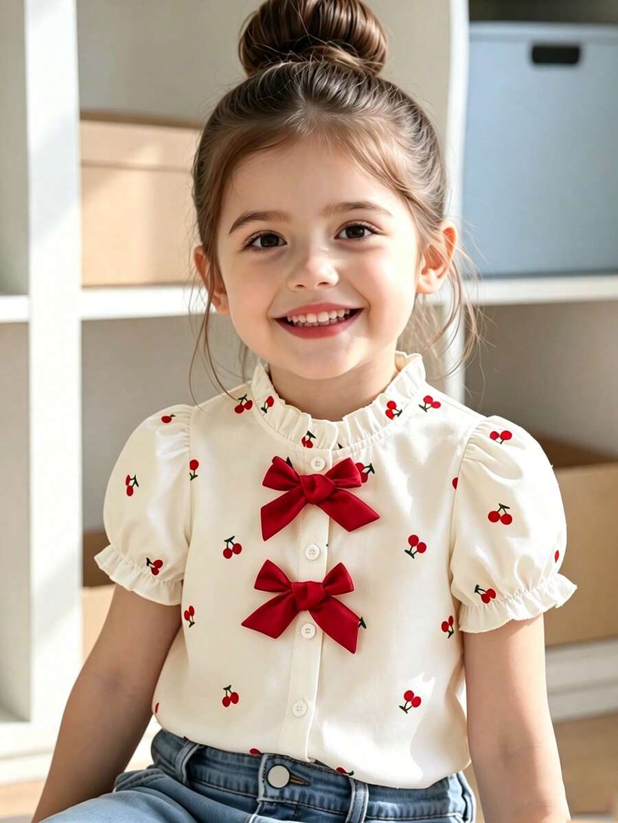SHEIN Girls' Casual Purple Short Sleeve Cotton Blend Jacquard Fabric, Soft And Fluffy. New Fashion, Essential For Vacation And Travel. Suitable For Outings, Casual Wear And Parties - Beige - View 1