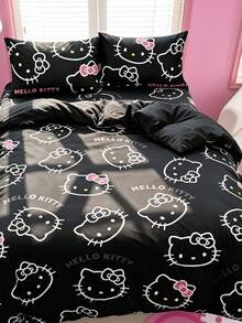 HELLO KITTY AND FRIENDS | SHEIN 3件組可愛卡通印花被套組，磨砂材質，柔軟保暖，多尺寸可選，適用單人床/雙人床/加大雙人床/特大雙人床 - 黑粉色 - 查看 4