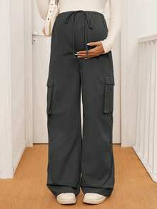 SHEIN Maternity Casual Versatile Solid Color Cargo Pants Fall - Dark Grey - View 5