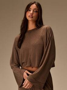 Athîral 2 pièces Ensemble de pyjama femme confortable et doux en tricot de bambou, col rond, manches longues et pantalon. Été - Marron - Voir 4