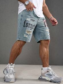 Manfinity LEGND Men's Fashion Versatile Letter Print Distressed Denim Shorts With Pockets - Light Wash - View 5