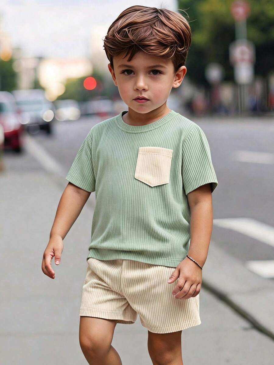 SHEIN Setelan Kasual 2 Potong untuk Anak Laki-Laki: Kaos Lengan Pendek dengan Kantong Kontras dan Celana Pendek - Mint Green - View 1