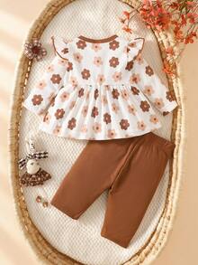 SHEIN Conjunto de top de manga larga con lazo floral estilo suave color marrón con temática otoñal y pantalones para bebés recién nacidas - Marrón - Ver 4
