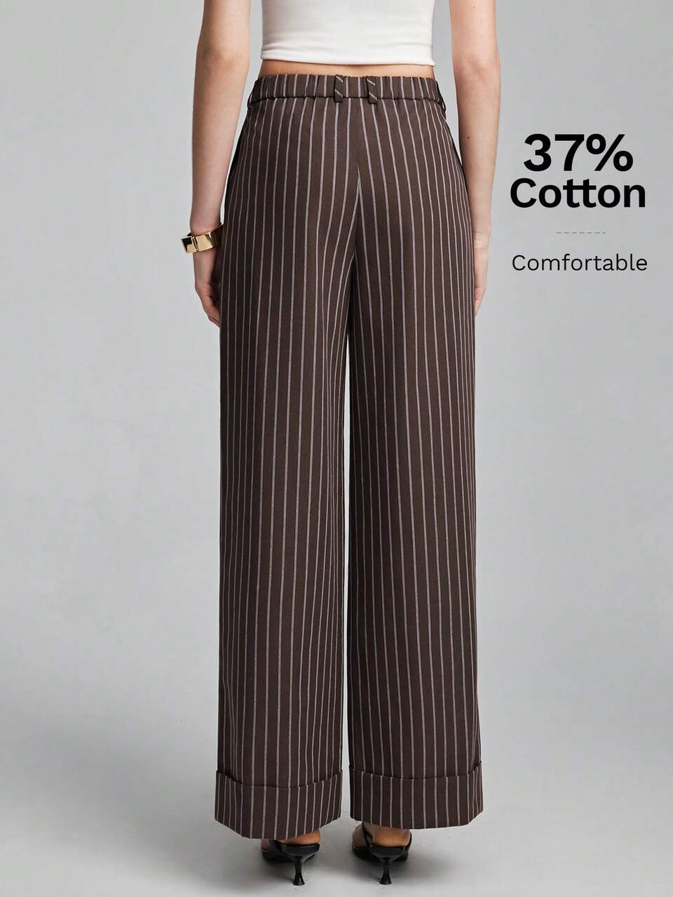2026SS New Teachers' Day Style Women's Brown Striped Elastic Waist Hidden Zipper Simple Casual Business Elegant Urban Modern Office Work Pants Summer