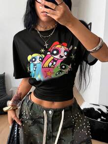 Coolane THE POWERPUFF GIRLS X SHEIN 女款黑色圖案圓領修身T恤，可愛休閒街頭風，籃球與西部節慶風格，適合居家、返校，復古 Y2K Soft Girl/Clean 風格 - 彩色 - 查看 5
