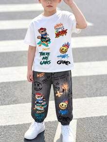 Boys' Casual Cute Summer Outfit Set, Soft Elegant Island Style Basic White Short Sleeve T-Shirt With Graphic Print And Woven Cargo Long Pants For Daily Wear, Beach, Weekend - Dark Grey - View 1