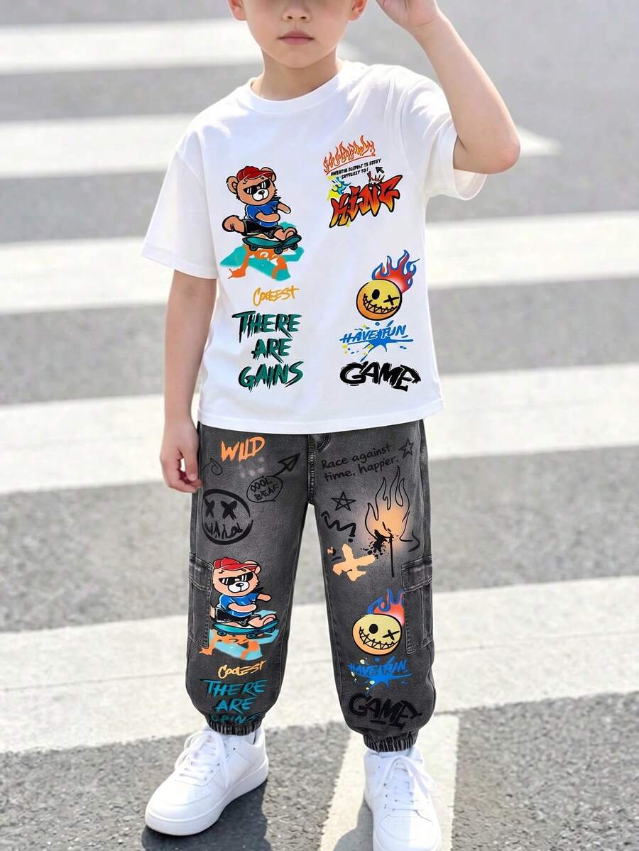 Boys' Casual Cute Summer Outfit Set, Soft Elegant Island Style Basic White Short Sleeve T-Shirt With Graphic Print And Woven Cargo Long Pants For Daily Wear, Beach, Weekend - Dark Grey - View 1