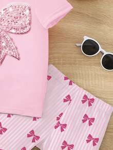 Summer Outfit Spring Summer Autumn Young Girls Casual Fashion Creative Personalized Fresh Minimalist Glitter Bow Pattern Print Summer Casual Vacation Style Basic Short T-Shirt And Cycling Pants Set Sets - Multicolor - View 6