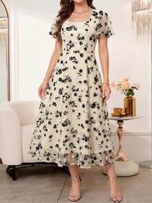 SHEIN Clasi 女款刺繡方領荷葉邊短袖優雅中長洋裝 - 黑與白 - 查看 7