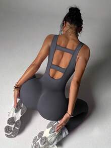 Slayform Solid Color Backless Seamless Sports Jumpsuit - Dark Grey - View 6