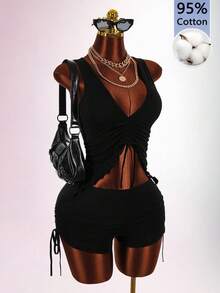 Amplova Women's Hippie Bandage Sexy Black Low-Cut Super Short Shorts 2 Pieces Set Night Out Club Summer - Black - View 3