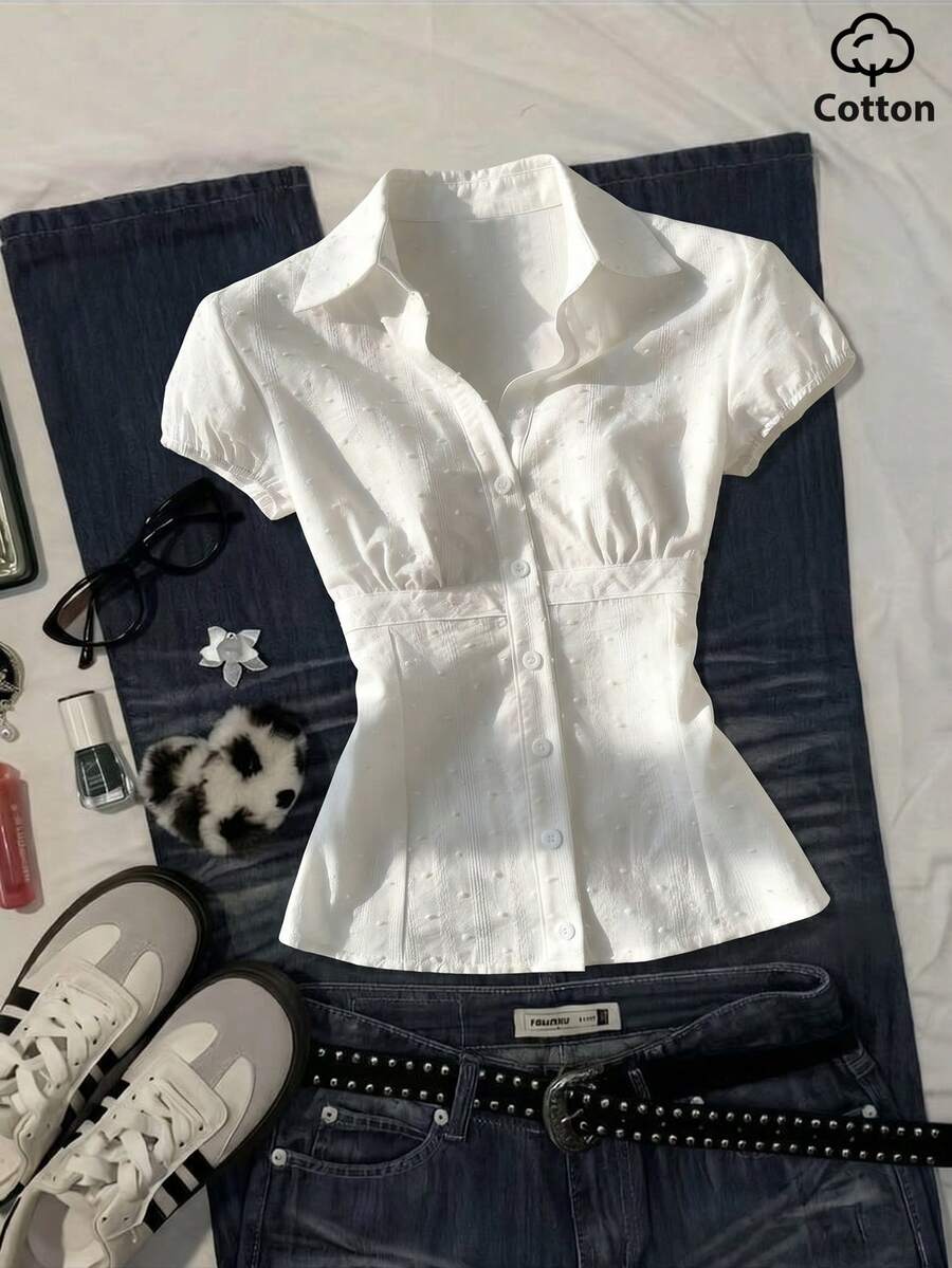 SHEIN PETITE 女款 YK2 復古甜辣風提花波點收腰度假海灘合身短袖襯衫 - 白色 - 查看 1