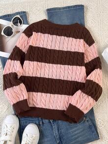SHEIN Sweater Pullover Longgar Lengan Lentera Leher V Rajut Kabel Blok Warna Bergaris untuk Anak Perempuan Remaja, Cocok untuk Musim Gugur/Musim Dingin dan Acara Luar Ruangan - MultiWarna - View 2