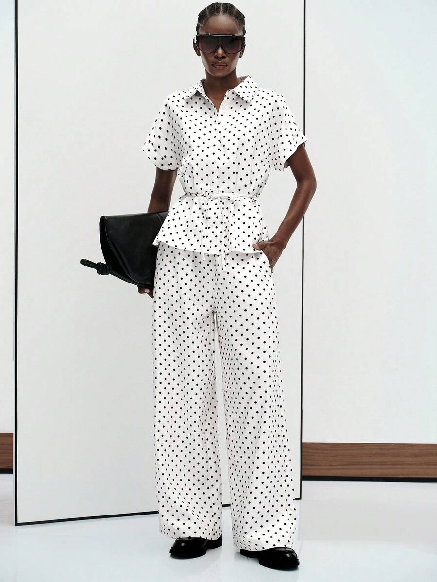Aveloria Modichic Women's Two Piece Set Fitted Waist Wide Leg Lapel Short Sleeve Belted High Waist Elegant Vintage White And Black Polka Dot Teachers' Day Office Summer - Multicolor - View 1