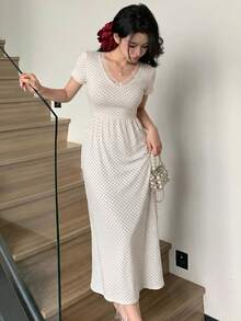 Dazy Tall 女款夏季短袖休閒波點蕾絲拼接長洋裝 - 米色 - 查看 4