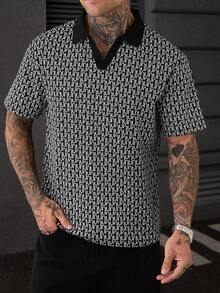 Manfinity CasualCool 男士短袖紋理布料圖案領子 Polo 衫，適合外出與聚會 - 黑色 - 查看 1