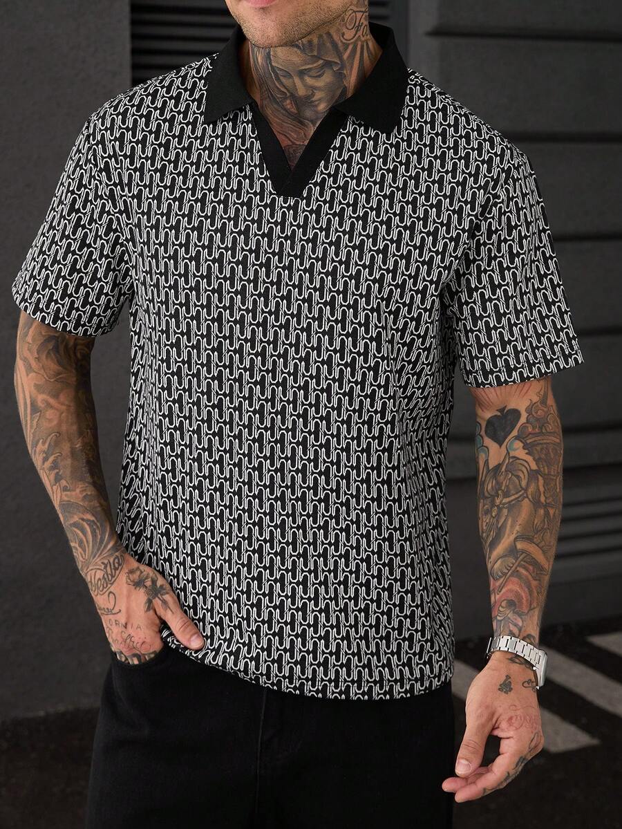 Manfinity CasualCool 男士短袖紋理布料圖案領子 Polo 衫,適合外出與聚會 - 黑色 - 查看 1