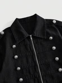 ROMWE MEN Men's Napoleon Button Design Zipper Placket Short Sleeve Denim Jacket - Black - View 3