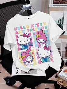 HELLO KITTY AND FRIENDS | SHEIN Kaos Wanita Kasual Musim Panas dengan Motif Kartun - Putih - View 3
