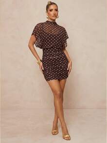 Lumalex Nuevo vestido mini ajustado con estampado de lunares, malla, manga corta, manga de pétalo y fruncido - Multicolor - Ver 9