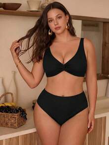 Swim Chiccia ملابس سباحة نسائية مقاس كبير صيفية سوداء بخطوط عمودية منسوجة من قطعتين، تصميم حمالات رفيعة مع عقدة، أسلوب عطلة، مثيرة لزوجة المافيا للشاطئ والمسبح - الأسود - مشاهدة 4