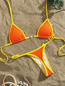 Swim Vcay Swimsuits For Woman Summer Beach Rib Binding Trim Halter Micro Triangle Bikini - Multicolor - View 4