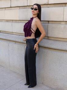 Andrea Bello New Sexy Backless Lace-Up Design Crop Top, Purple Elegant Multi-Layered Ruffle Decor Halter Backless Vest, Spring/Summer Women Summer Outfits Tops For Ladies Crop,Summer Top - Purple - View 6