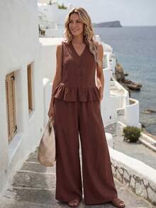 Faunlyn Casual Tropical Linen Solid Color Single-Breasted Vest And Pants Set Vacation Coffee Brown Summer - Blue - View 5