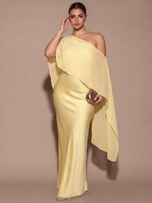 SHEIN BAE CURVE 大尺碼女款優雅長版不對稱領口洋裝 - 黃色 - 查看 7