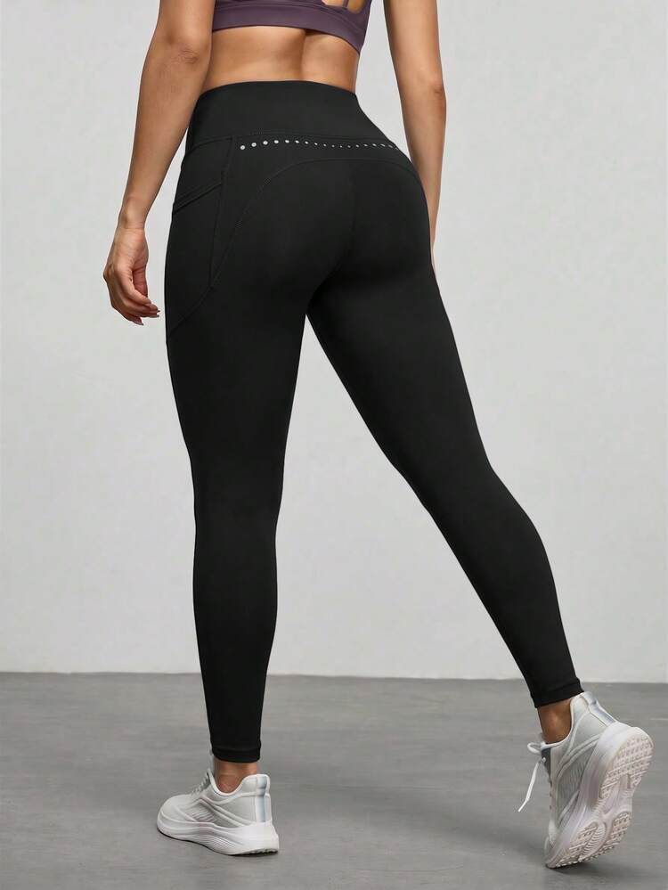 SHEIN With My Calm Women's Black Knitted Solid Color High-Waisted Lifting Pocket Sports Leggings For Running & Training Gym Workout - Black - View 4