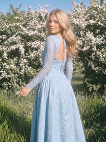 Swim Mod Light Blue,Wedding Guest Lace Patchwork 3D Embossed Floral Square Neck Long Sleeve A-Line Princess Gown Vintage 1800 Reception Dress Party Elegant - Blue - View 6