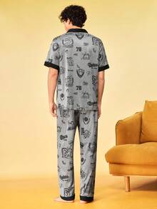 Notgurli GARFIELD | SHEIN Men's Open Front Game Console Print Loungewear Set - Grey - View 2