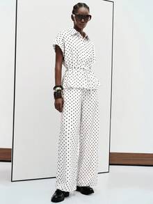 Aveloria Modichic Women's Two Piece Set Fitted Waist Wide Leg Lapel Short Sleeve Belted High Waist Elegant Vintage White And Black Polka Dot Teachers' Day Office Summer - Multicolor - View 5