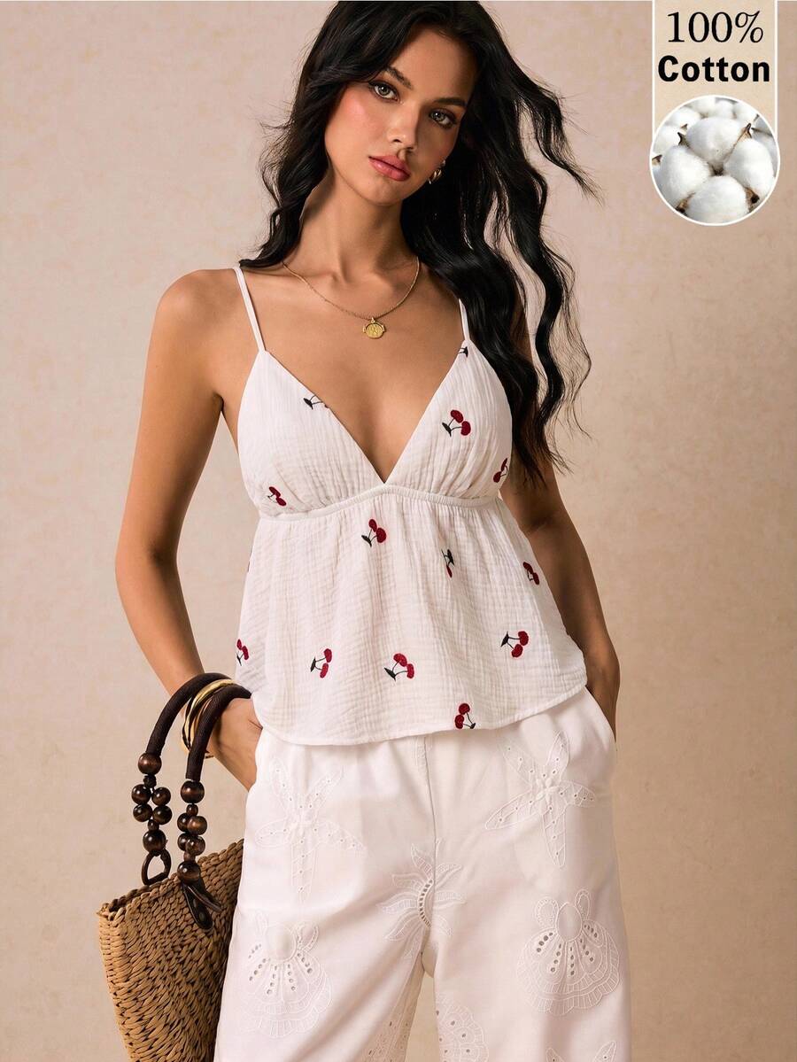 Poéselle 100%純棉櫻桃刺繡法式度假風女款背心上衣 - 白色 - 查看 1