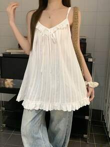 Dazy Tall Women's Summer Deep V-Neck Loose Striped Textured Fabric Frill Trim Long Cami Camisole Style Casual Vacation Style Tank Top - White - View 6